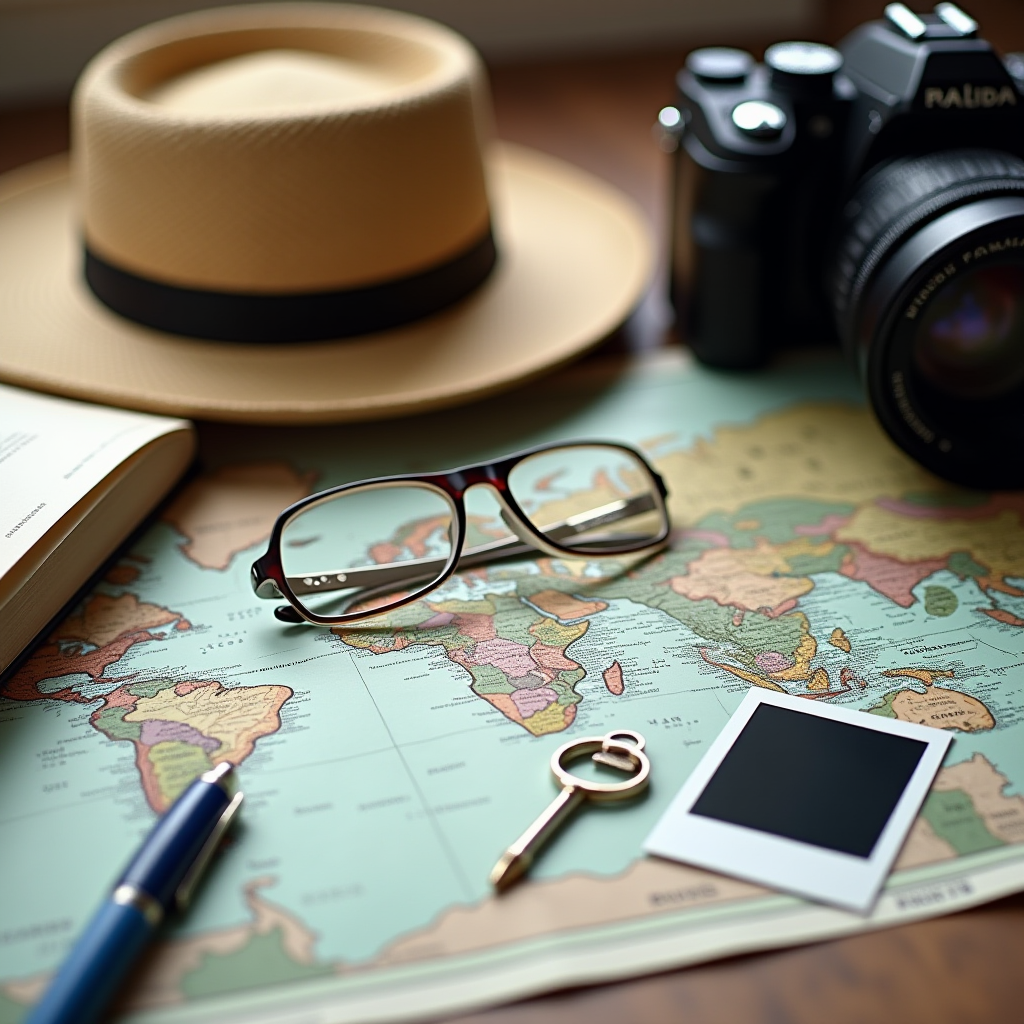 A travel-themed still life featuring a map with eyeglasses, a vintage key, a camera, a straw hat, a pen, a book, and an instant photo frame.