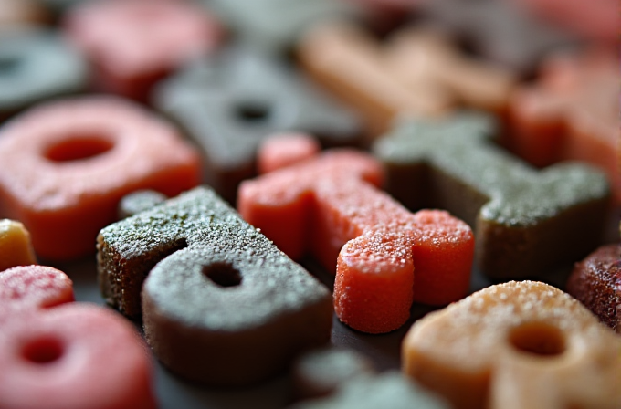 Colorful, sugar-coated candy letters are scattered across a surface.