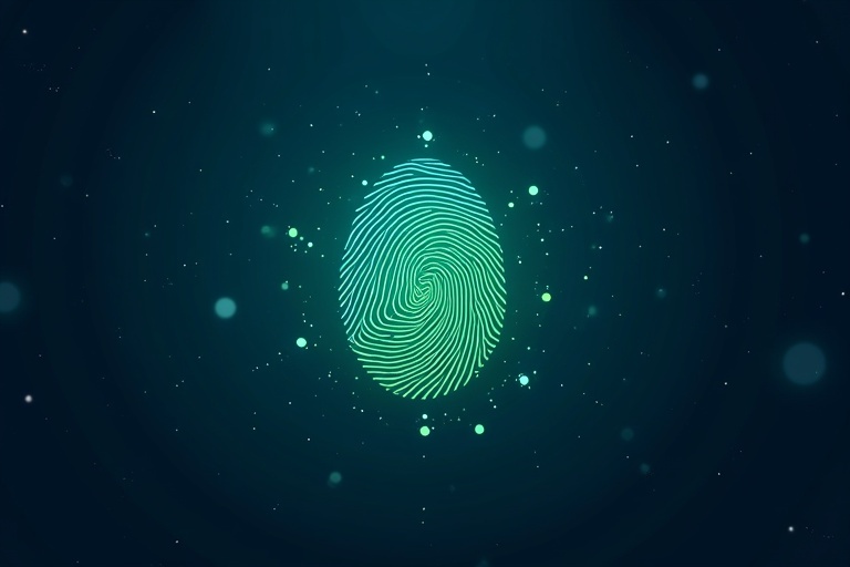 Dark blue starry background. Center glowing digital fingerprint. Green and blue hues. Surrounding network of interconnected nodes. Subtle light trails connecting nodes. Emphasizing blockchain network.