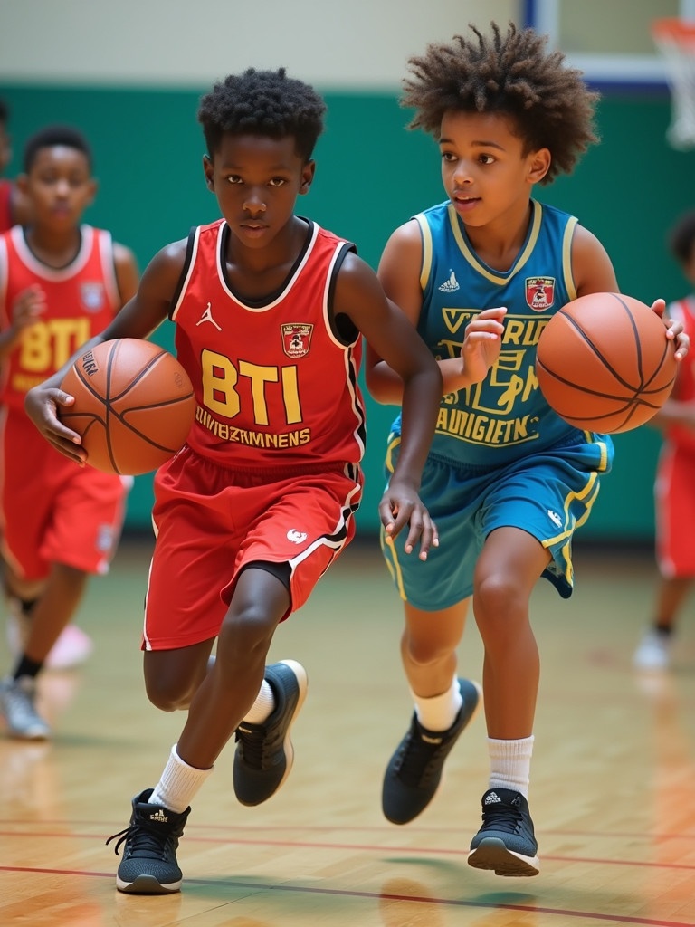 Group of young boys and girls are playing basketball. Colorful jerseys feature BTI. Players are dribbling basketballs closely guarded. The indoor court is bright. Captures the spirit of youth sports.