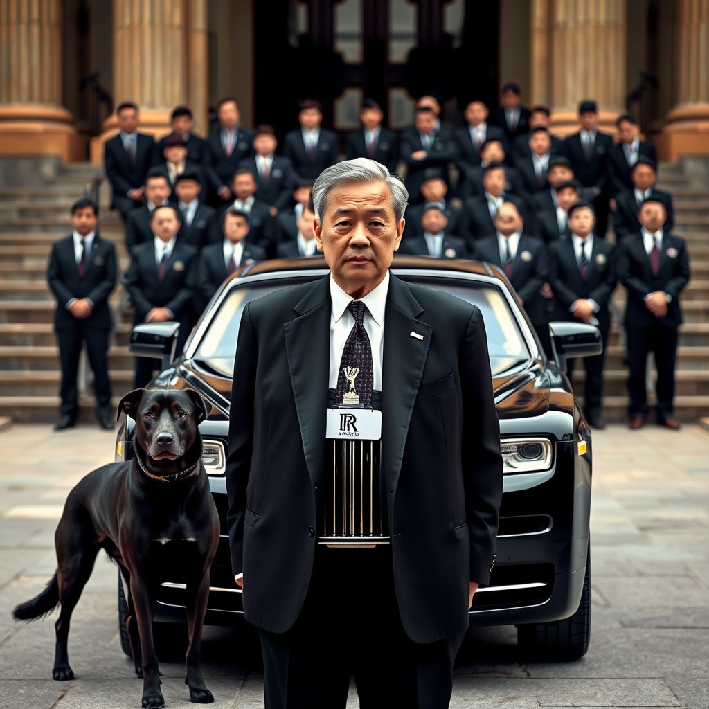 An elegantly dressed man and a black dog stand in front of a luxury car and a group of similarly attired individuals on steps.