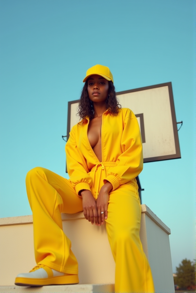 A person in a bright yellow outfit sits in front of a basketball hoop against a clear blue sky.