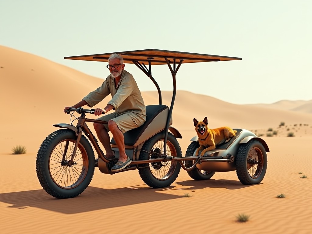 The image depicts a custom-built solar-powered tricycle in a desert setting. It features a single front wheel with two wide rear wheels for stability. A 70-year-old man rides it, looking relaxed in light-colored desert clothes. He pedals comfortably, and the tricycle has a large solar panel providing shade. Attached is a lightweight trailer carrying a happy dog. The scene is set on sandy dunes under a clear sky, emphasizing a peaceful, eco-friendly outdoor experience.