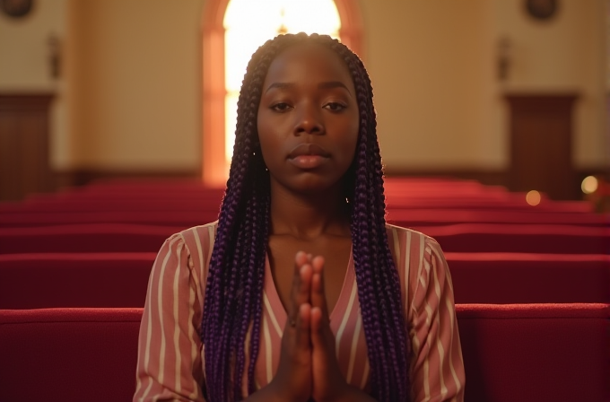 A person with braided hair sits in a church pew, hands clasped in prayer, with warm light streaming through a window behind.