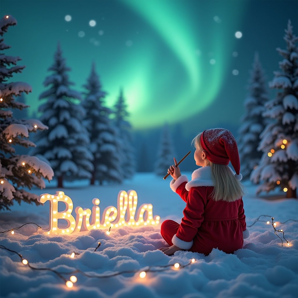 A blonde girl in an elf costume gazes skyward. She writes the name 'Briella' in the snow with a wand. Background features northern lights in a snowy landscape. Snow-covered trees with twinkling lights add warmth. Evokes a festive and cheerful mood.