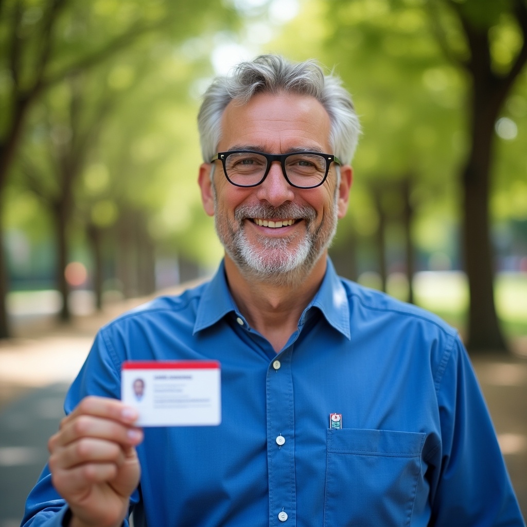 A middle-aged man is smiling and holding an ID card. The background features lush green trees in a park setting. He wears a blue shirt and glasses.