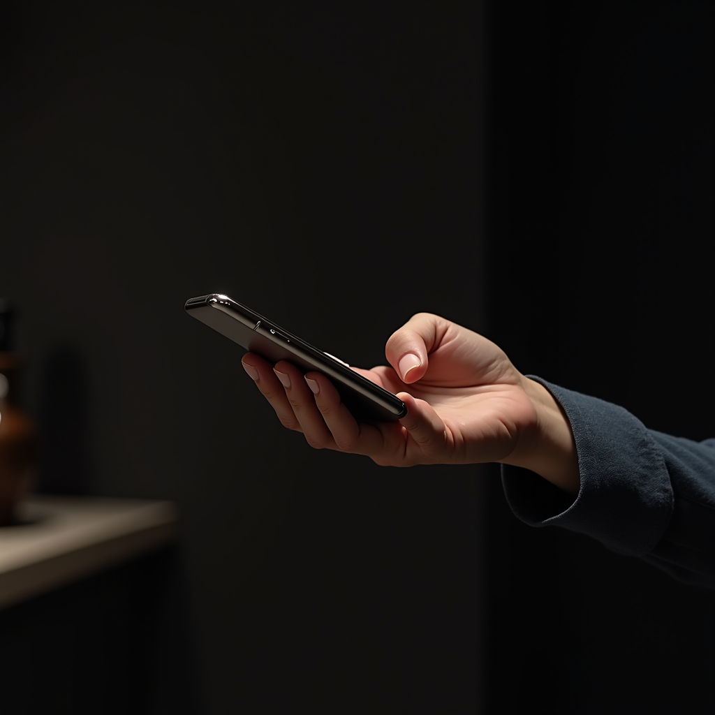 A hand holding a smartphone in a dimly lit setting, emphasizing focus and connectivity.