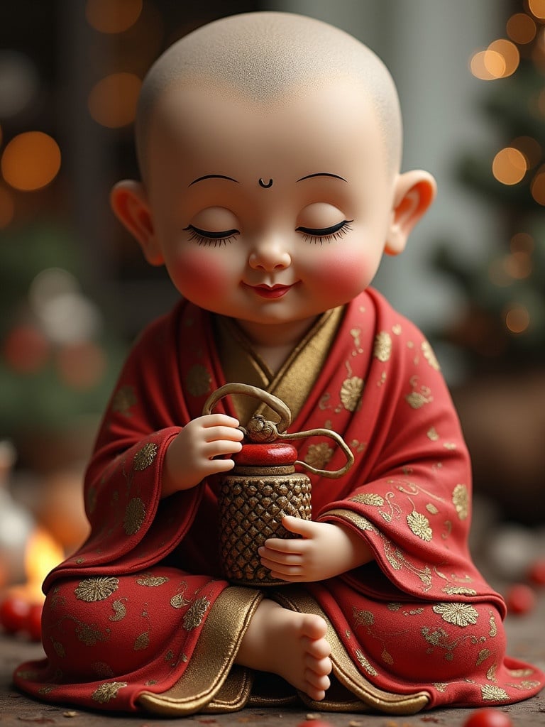 A figurine of a Buddha dressed in a red robe. Figurine is seated holding a small jar. Scene has warm lights blurred in the background, creating a spiritual holiday atmosphere.