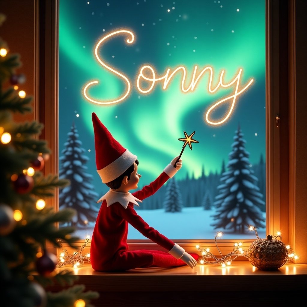 The image features a whimsical Christmas setting. An elf dressed in red and white sits on a window sill. He is facing away and using a magic wand to create the name 'Sonny' in bright light above him. Outside the window, beautiful northern lights add to the enchanting feel. A decorated Christmas tree and fairy lights around him complete the cozy holiday ambiance.