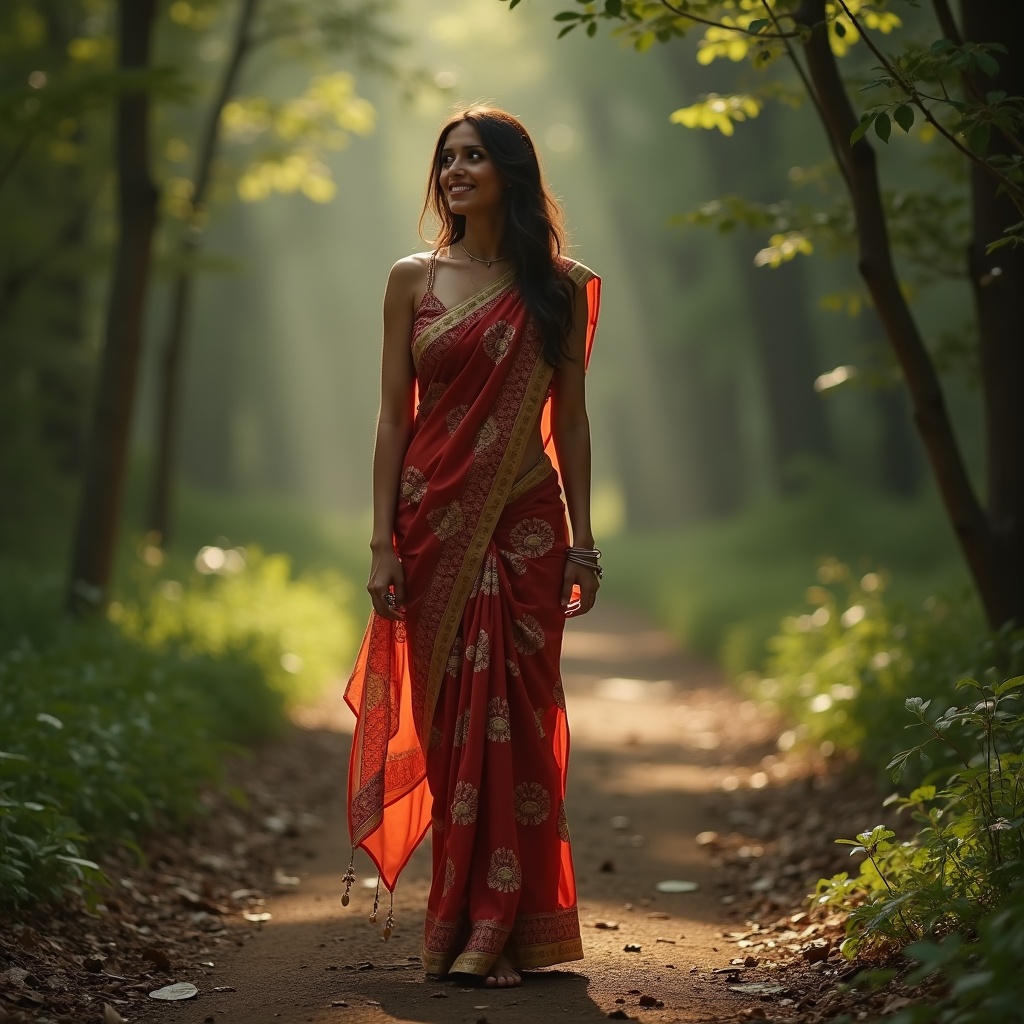 Woman dressed in a vibrant red saree stands on a forest path. The setting is serene with soft sunlight streaming through the trees. She embodies grace and elegance.