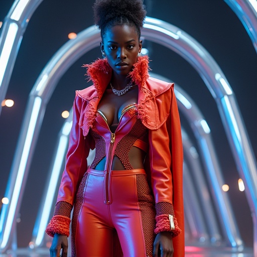 Futuristic avant garde couture with a stylish and luxury appeal. High impact visual in an alternate dimension featuring opulent high fashion. Model in a striking red outfit with sculptural designs and accessories. Edgy and daring elements combined with hip-hop influences. Vivid colors and dynamic composition.