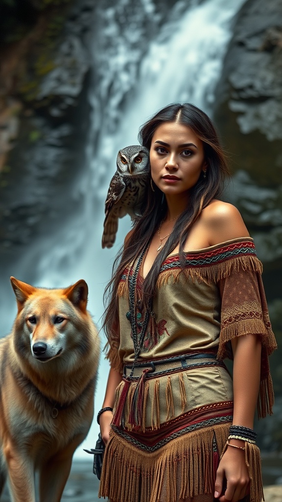 The image depicts a serene scene with a woman in traditional attire standing in front of a cascading waterfall. An owl perches on her shoulder, symbolizing wisdom, while a wolf stands by her side, representing strength and loyalty. The composition creates a harmonious connection between human and nature.