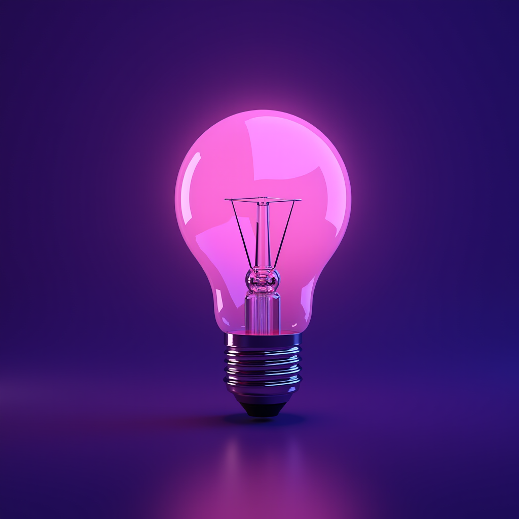 A pink light bulb glowing against a deep blue background.