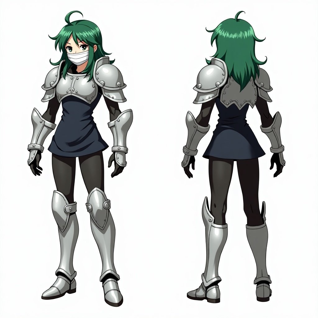 Anime mercenary tomboy with green hair, wearing armor, presented in three views: front, side, and back.