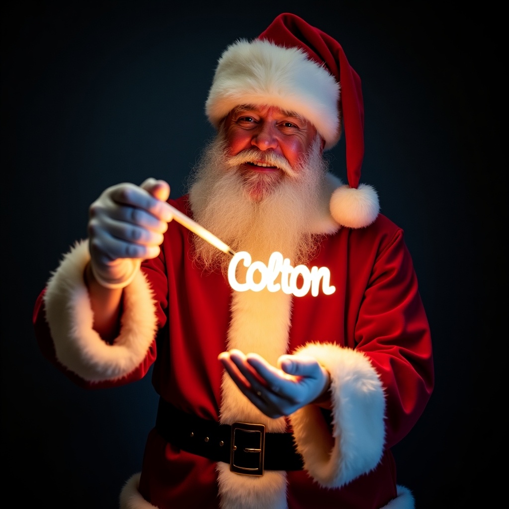 This image features Santa Claus in his iconic red and white outfit. He has a jolly expression, embodying the spirit of Christmas. Santa is holding a glow stick that spells out the name Colton in bright light. The background is dark, which makes the glowing text stand out beautifully. This festive imagery captures the magic and joy associated with the holiday season.