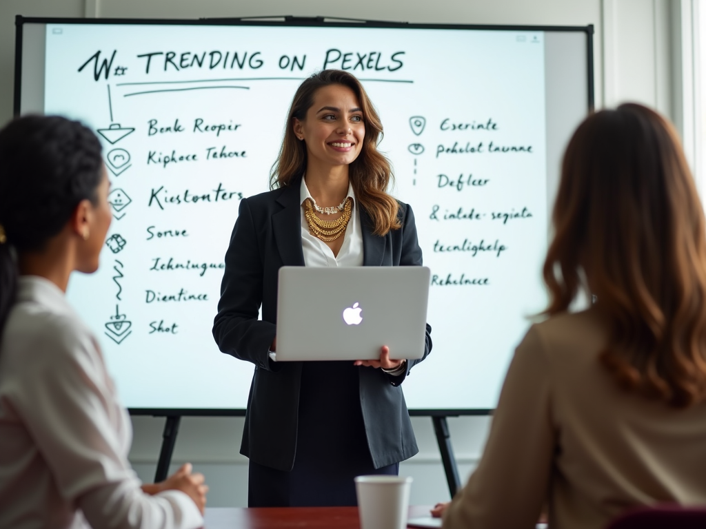 A professional woman in a suit presents using a laptop in front of a whiteboard, discussing a list of trending topics with two colleagues seated nearby.