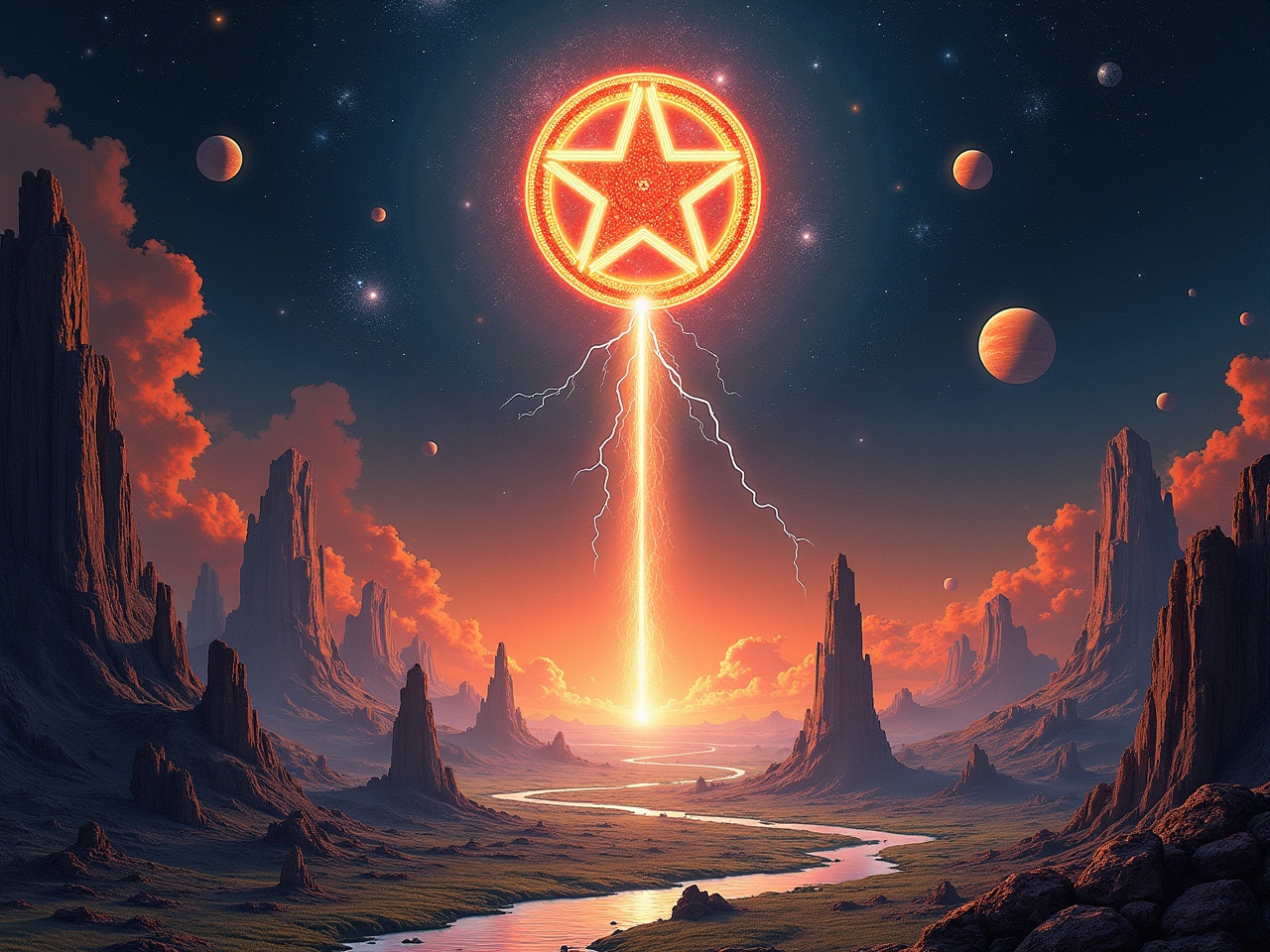 This artwork for a space rock album cover features an otherworldly landscape reminiscent of the James Webb Space Telescope's 'Pillars of Creation.' Above it hovers a striking cult symbol in bright orange, resembling a pentagram, struck by lightning bolts. The alien landscape is dotted with planets and moons, casting a surreal atmosphere. A river winds through rocky terrains, leading to the horizon where more celestial bodies can be seen. The scene suggests themes of exploration and the confrontation of unknown forces, evoking a blend of awe and fear.