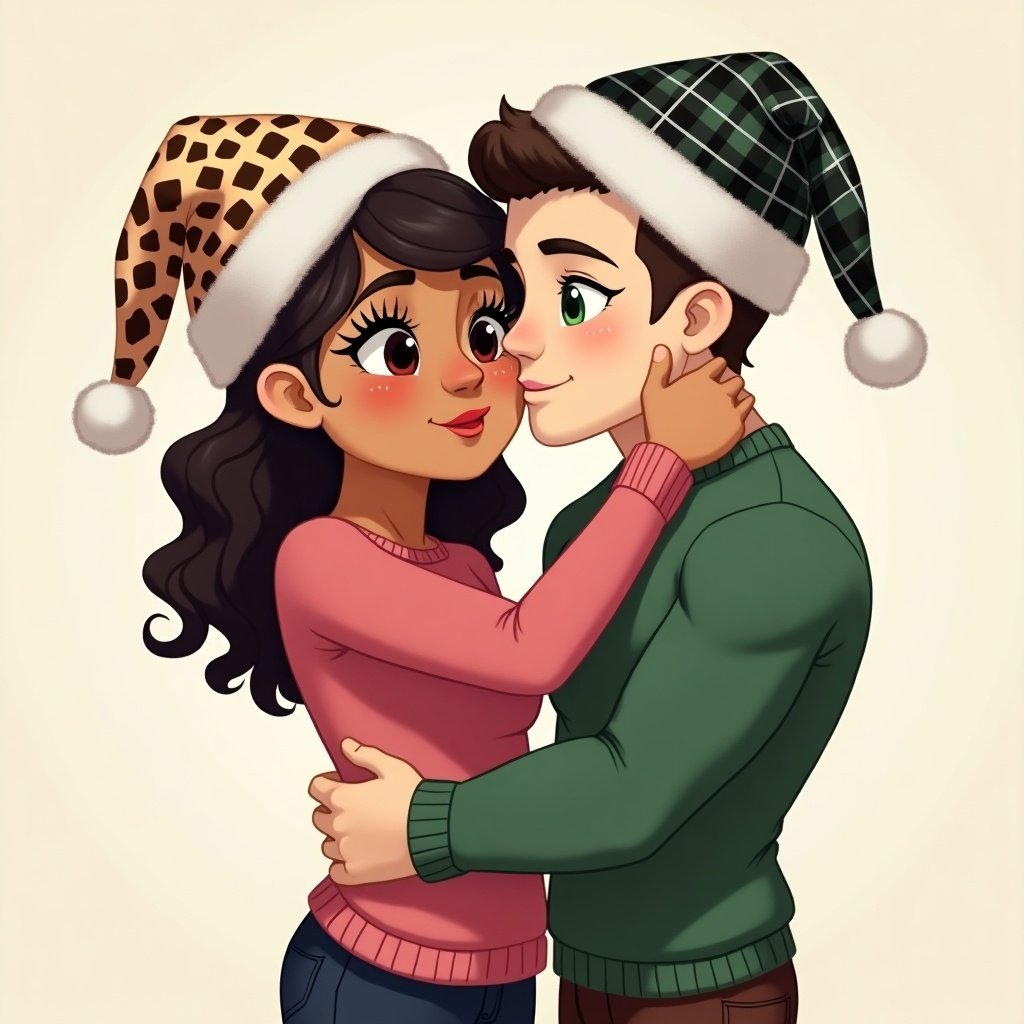 Cartoon characters hug with cheeks together. One character wears a cheetah print hat and pink sweater. The other character wears a plaid santa hat and green sweater. They express warmth and affection.