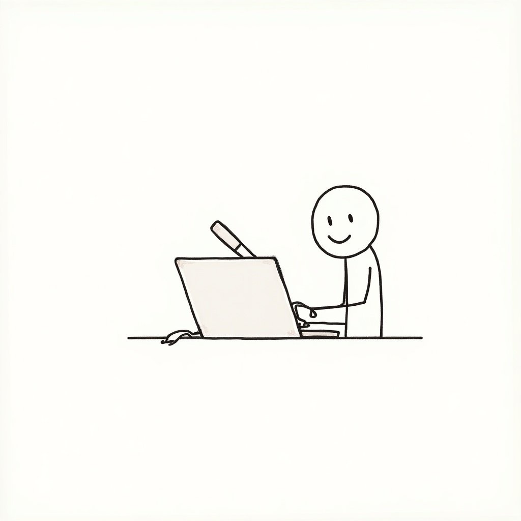 A stick figure sits at a desk with a laptop. The figure has a round head and a gentle smile. Basic lines are used for the design. Themes of determination and positivity are evident.