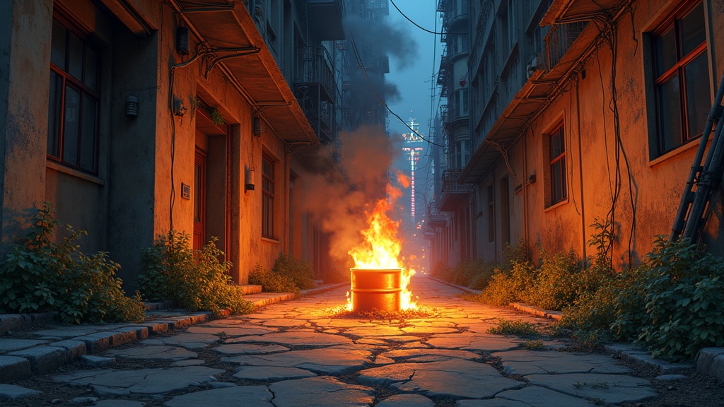 Close-up shot of a burning oil barrel. Deserted urban canyon. Surrounding cracked pavement. Flickering flames casting warm glow. Moody cinematic atmosphere. Soft painterly textures. Dynamic lighting. Faint neon lights from distant buildings. Creeping vines and patches of grass. Nature reclaiming space. Balance of dystopian and hopeful elements.