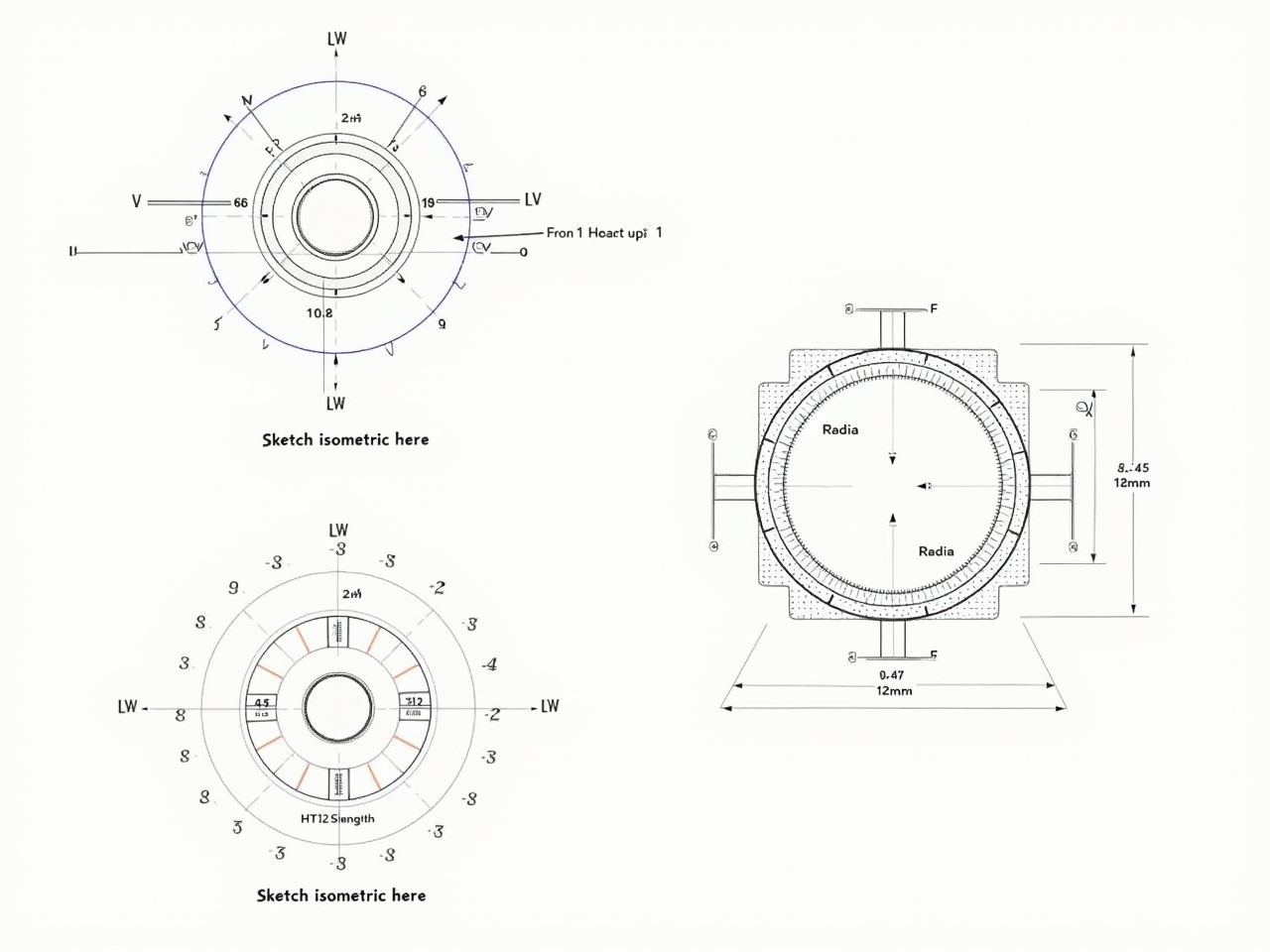 This image showcases an engineering drawing with orthographic views, specifically in 3rd angle projection. The drawing contains three distinct views of a component: a front view, top view, and side view, all labeled with various dimensions in metric units. Key features include circles, angles, and additional notations for radii and diameters. There is a section marked 'Sketch isometric here,' suggesting a task for the viewer to provide an isometric view of the given design. The design includes detailed measurements such as lengths, widths, radii, and diameters, which are crucial for manufacturing or prototyping processes.