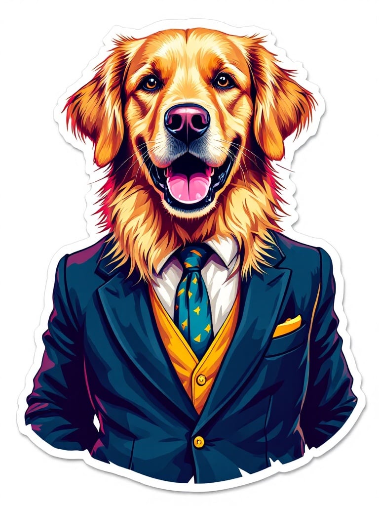 Humanoid Golden Retriever dressed in a business suit. Character features joyful expression. Illustration style is vector and has a contour effect. Background is plain white without distractions.