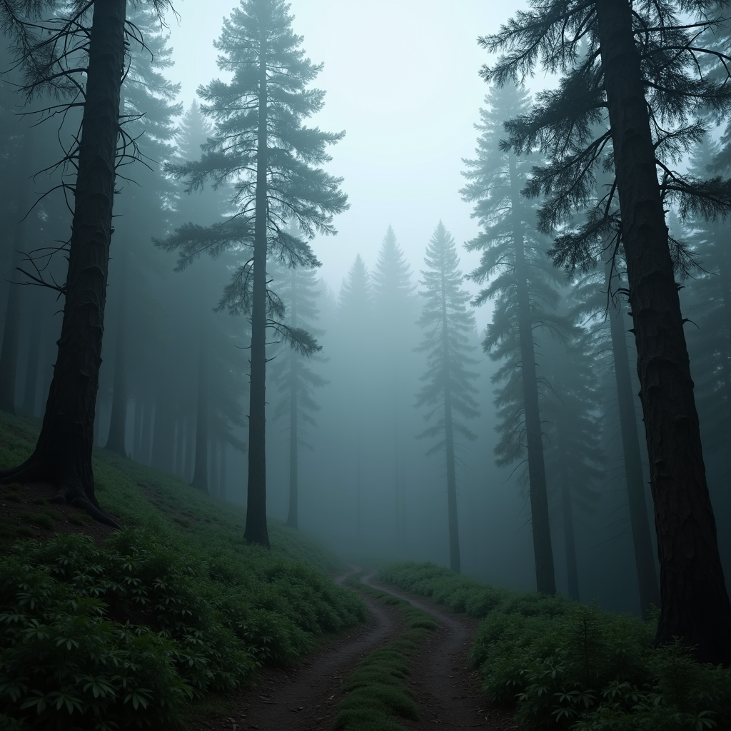 A narrow, winding dirt path leads through a dense, misty forest with towering evergreen trees.