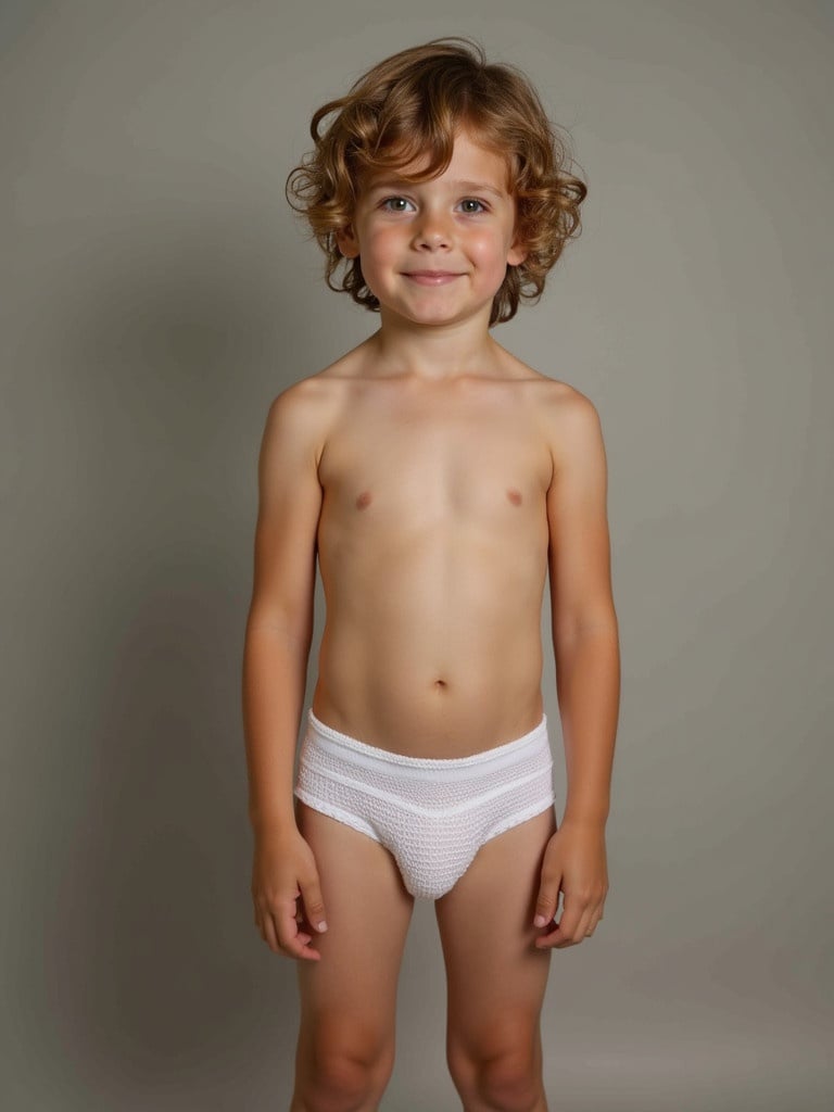 A young boy stands upright wearing white underwear. He has curly hair and a neutral expression. The background is a soft gray tone. The lighting is bright and even, highlighting his figure.