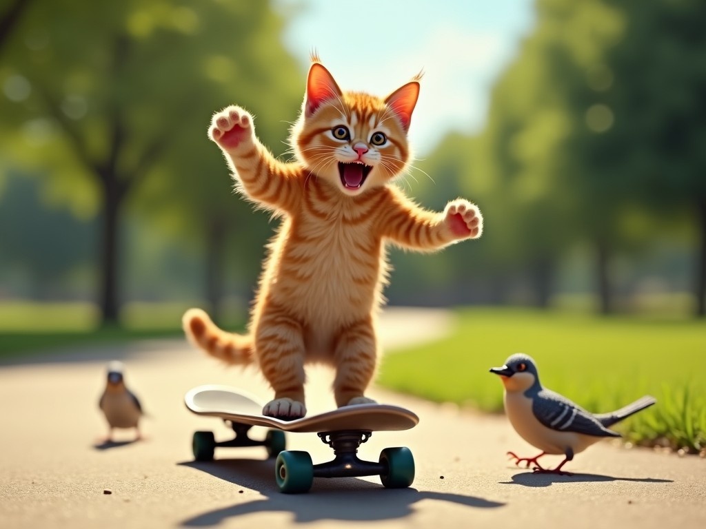 This image depicts an adorable orange tabby cat joyfully riding on a skateboard in a park setting. The cat has a playful expression, with its mouth open as if meowing in excitement. Alongside the skateboard, there are a couple of small birds observing the cat's antics. The background features a lush green landscape, suggesting a bright, sunny day. This scene highlights the fun interactivity between pets and their playful activities.