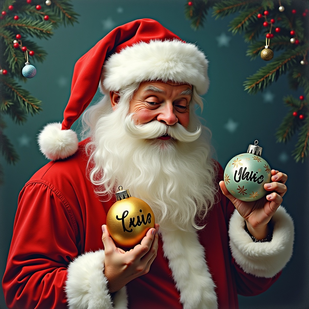 This image showcases a jolly Santa Claus character, smiling warmly while holding two decorative baubles. One bauble is golden and the other is light blue, each decorated with playful names written artistically. The background has subtle hints of holiday decor, with faint greenery and twinkling lights. Santa's iconic red outfit and fluffy white beard add to the festive spirit. This scene evokes feelings of joy and warmth during the Christmas season.