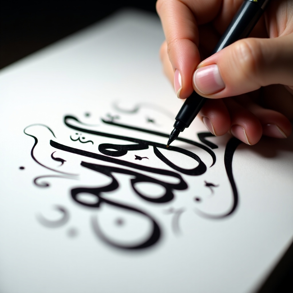 The image showcases a skilled hand engaged in writing Arabic calligraphy. Using a pen, the individual creates bold black letters on a bright white page. The calligraphy features intricate, fluid strokes that highlight the beauty of Arabic script. Surrounding the elegantly crafted letters are decorative flourishes that enhance the overall artwork. Soft lighting casts a gentle glow, allowing the detailed strokes to stand out. This close-up captures both the precision and artistry involved in this traditional yet modern art form.