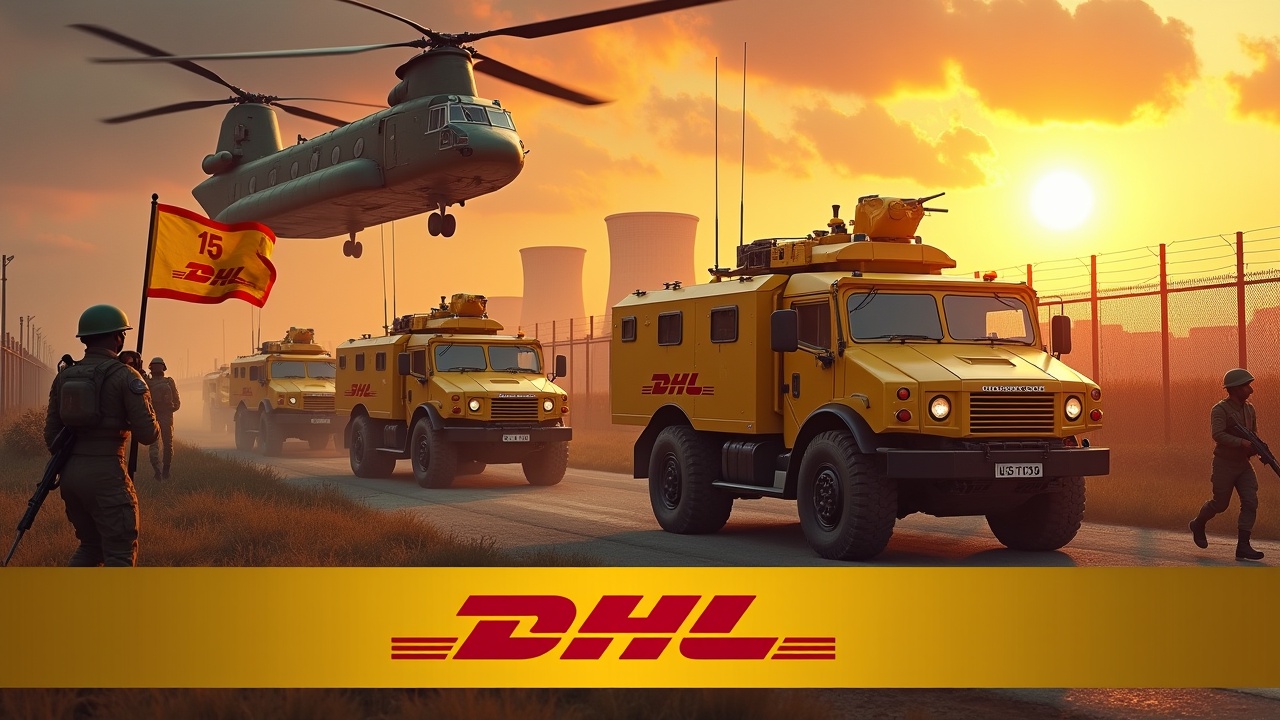 In a dramatic scene, several yellow armored vehicles drive up to a fence. The vehicles are adorned with the DHL logo, symbolizing logistics and support. Nearby, soldiers holding rifles march together, illustrating teamwork and military presence. One soldier stands bravely, holding a flag featuring the DHL logo. In the background, a nuclear power plant looms, showing the connection to energy logistics. The sky is ablaze with the fiery sun, creating an intense atmosphere. Above, a Chinook cargo helicopter flies, also branded with the DHL logo. At the bottom, the prominent DHL logo shines brightly in bold yellow.