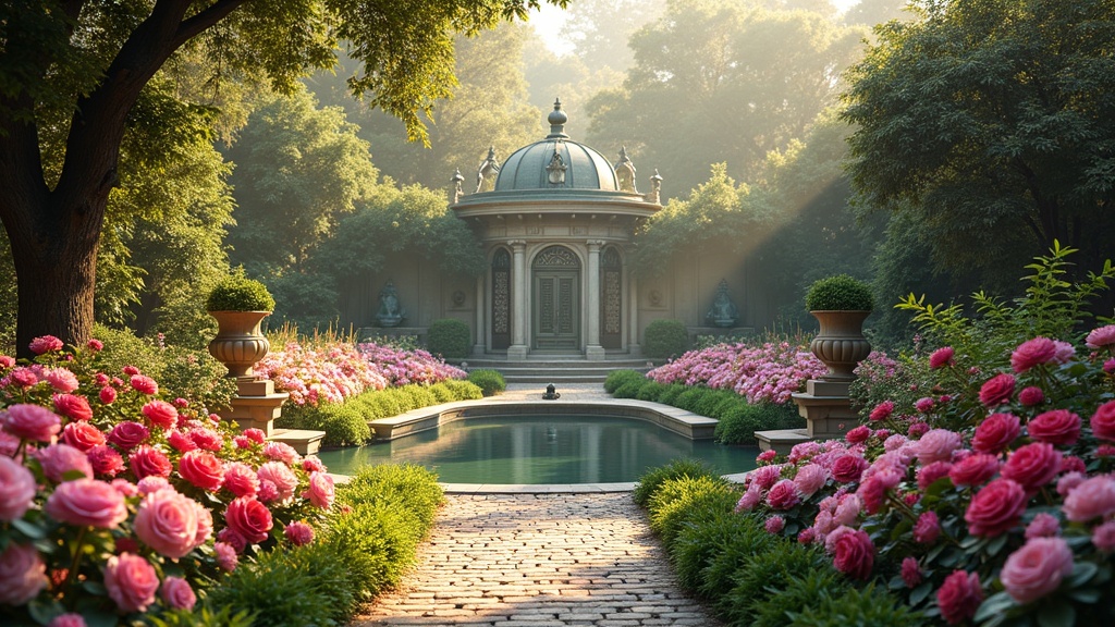 This image showcases a serene garden scene with a central water feature surrounded by orderly rows of vibrant pink roses. The focal point is a beautiful domed architectural structure in the background, evoking a sense of tranquility and elegance. Soft morning light filters through the trees, casting gentle shadows and illuminating the lush greenery, creating a peaceful and inviting atmosphere.