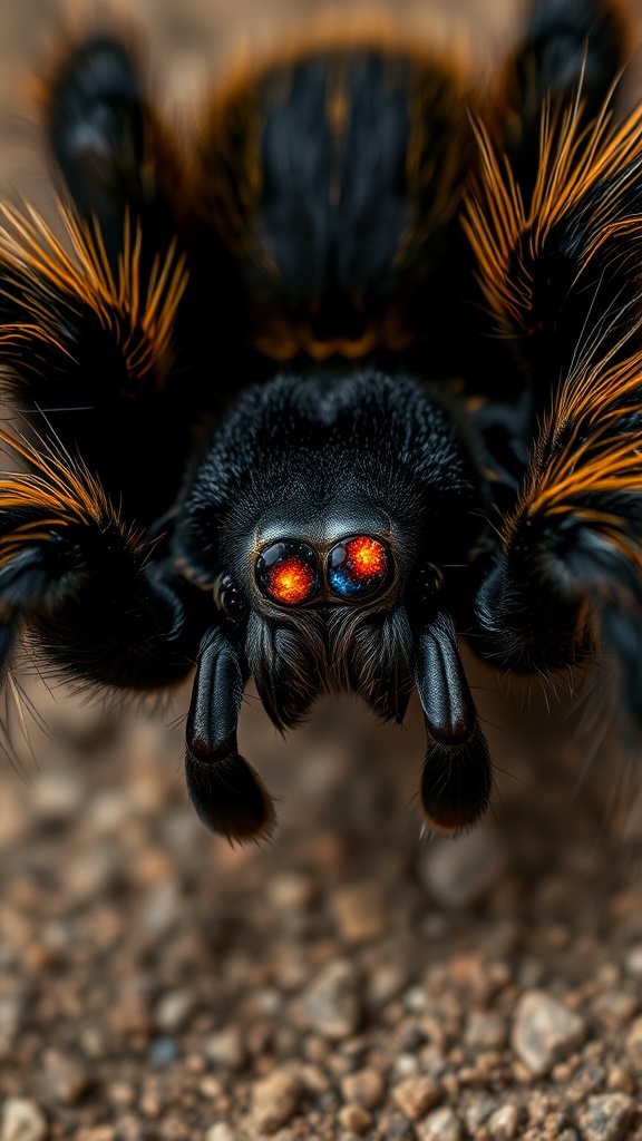 A close-up of a spider with strikingly colored eyes and vibrant markings on its body.