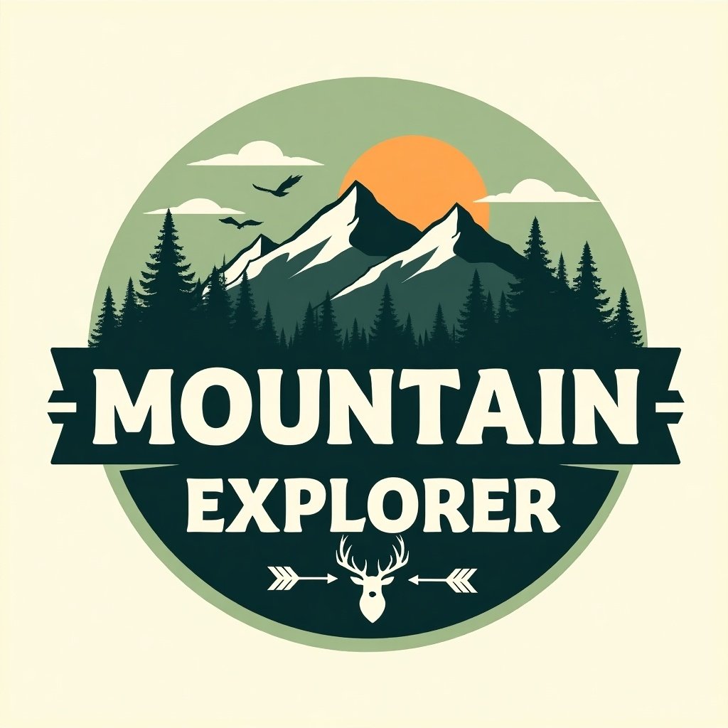 Logo features a mountain landscape. Includes mountains, pine trees, and sun. Birds in the sky. The text MOUNTAIN EXPLORER is displayed prominently. Smaller font for EXPLORER. A deer head with crossed arrows is below the text. Circular shape with a greenish hue. Vintage and adventurous design.