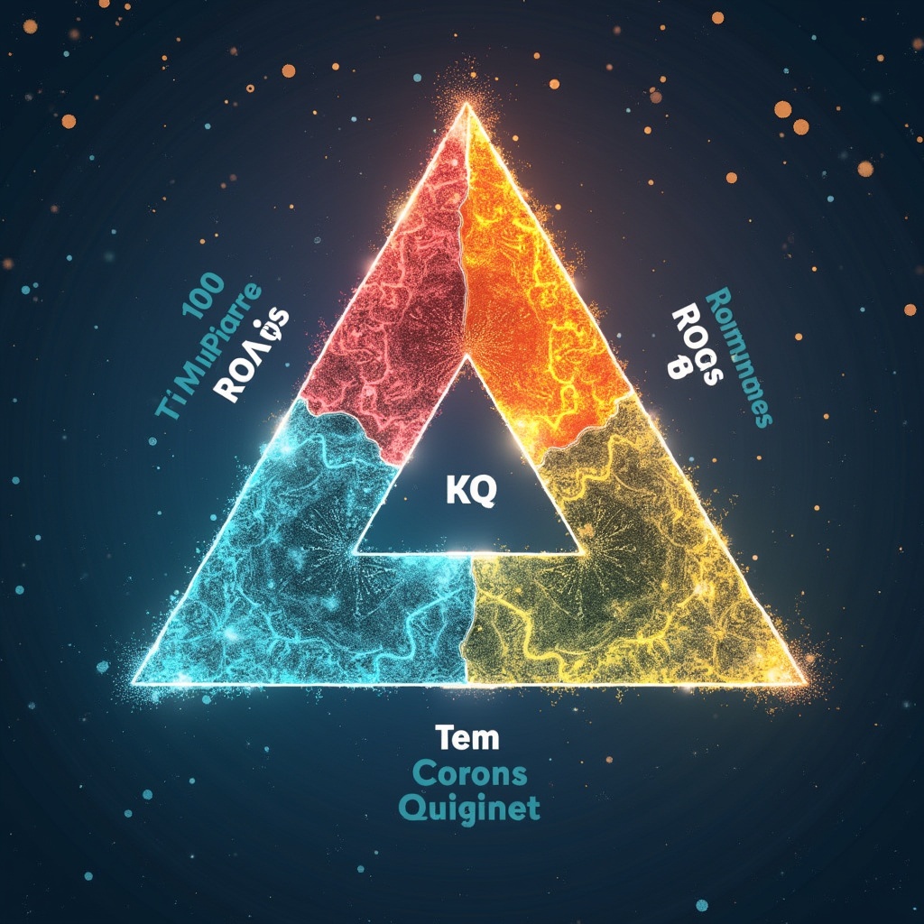 This image illustrates the definition phase and the project management magic triangle, representing time, cost, and quality. The triangle is divided into three sections colored in blue, red, and yellow, each one symbolizing a different aspect of project management. Central to the triangle is an icon labeled 'KQ', which may indicate quality metrics. The background features glowing particles that enhance the visual appeal, suggesting dynamism and creativity. This diagram serves as a useful visual aid for understanding the balance needed in project management.