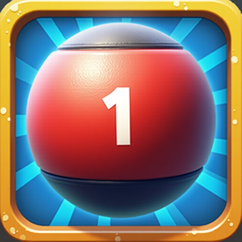 The image displays an app icon featuring a vibrant red ball with a black top. The number '1' is prominently displayed on the ball, indicating a significant element in gaming. Surrounding the ball is a bright blue background that radiates light, enhancing its appeal. This design captures attention and is representative of gaming fun and excitement. The overall aesthetic is modern and colorful, perfect for attracting gamers of all ages.