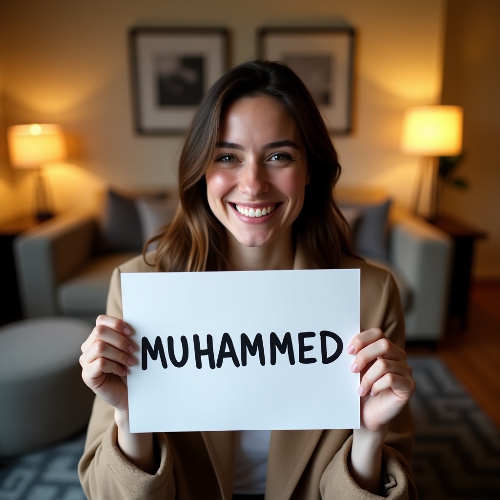 A young woman is sitting in her cozy living room, brightening the space with her joyful smile. She holds a white piece of paper that boldly displays the name 'MUHAMMED.' The warm, soft lighting from the lamps in the background emphasizes a welcoming atmosphere. The stylish decor of the living room enhances the comfort of the scene. The image is a beautiful representation of personal expression and identity.