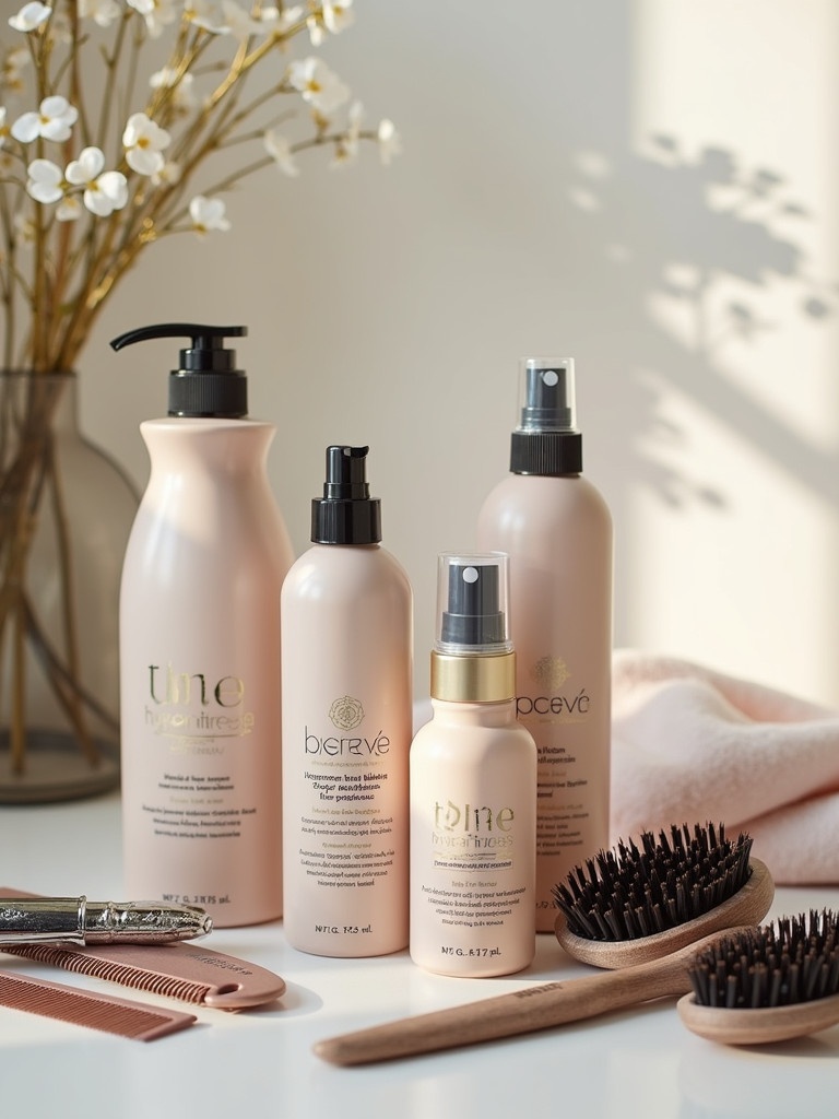 Luxurious display of high-end hair care products. Sleek bottles of lotions and sprays arranged neatly. Displays professional styling tools like combs and brushes. Products labeled for hydration and gentle care for wigs. Modern salon background with natural lighting.