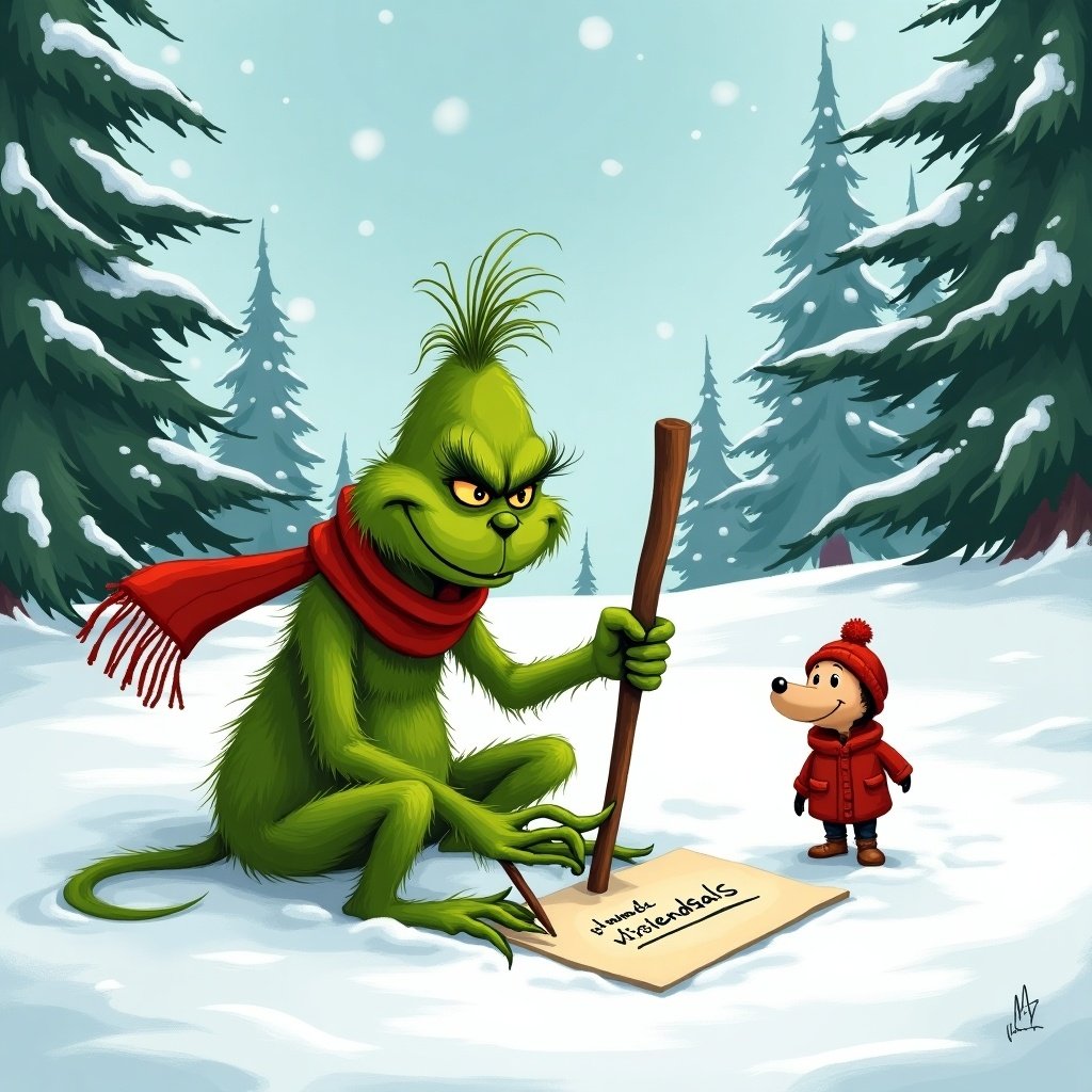 Grinch in snow writing Venendaals with a stick. Small character watches. Snow-covered hills and evergreen trees around them. Grinch wears red scarf and is green.