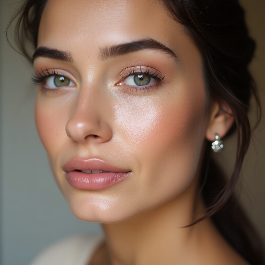 The image features a beautiful woman with a neutral expression and no visible makeup. She has a fresh, natural look that highlights her glowing skin. Her eyes are captivating and expressive, framed by softly defined brows. The lighting is soft and natural, enhancing her features without harsh shadows. This portrait embodies a minimalist beauty approach, perfect for showcasing natural skincare or beauty products.