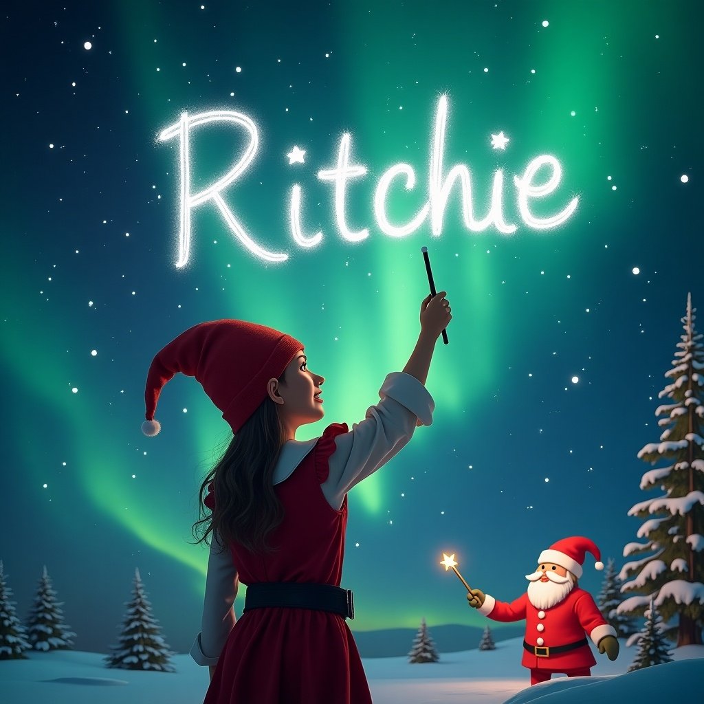 Elf using wand to write Ritchie in the air. Magical atmosphere with northern lights. Santa visible in background. Elf positioned with back to camera.