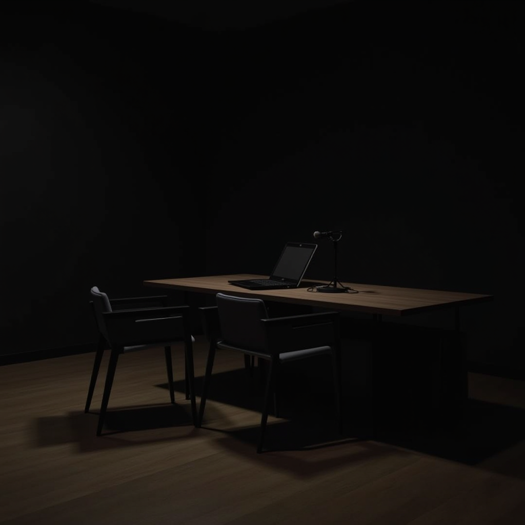 A dimly lit room features a solitary desk with a laptop and microphone, creating an introspective scene.