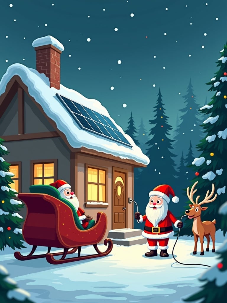 Santa Claus with reindeer and an electric sleigh outside a solar-paneled house. House has Christmas lights powered by solar energy. Rudolph is charging Santa's sleigh.