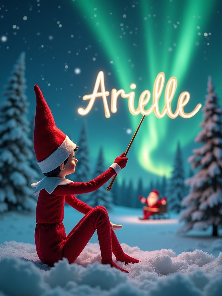 Christmas scene features elf on shelf. Elf looks upwards. Wand writes name 'Arielle' in sky. Background has northern lights. Distant Santa Claus seen. Snow covers the ground. Captures holiday joy and wonder.