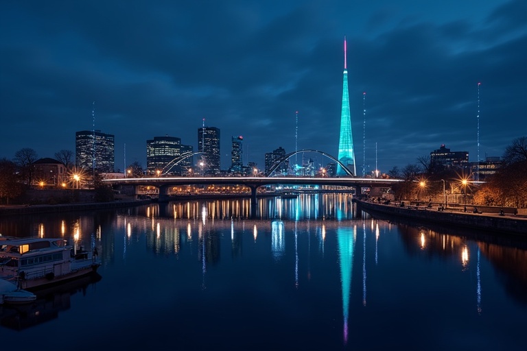 A night view of Dublin's skyline. The scene features illuminated buildings and a prominent tower with a green light. Reflections appear in the river. A bridge connects both banks.