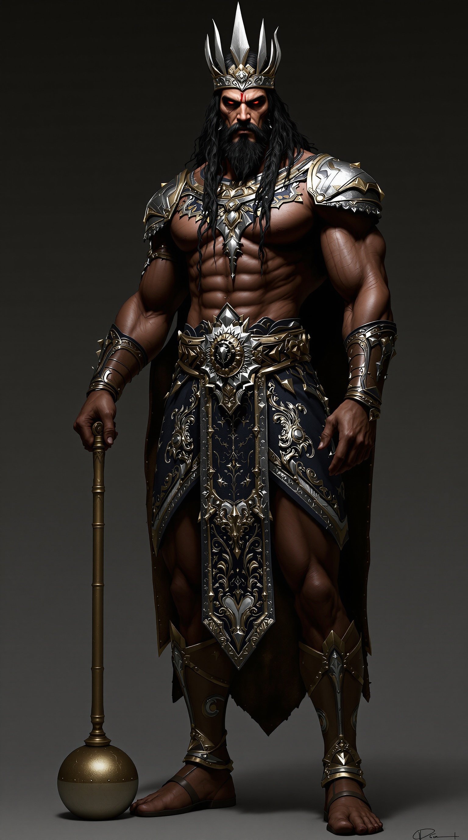 A tall, imposing figure stands confidently with a muscular build. He has long hair and wears dark royal robes adorned with intricate silver and gold patterns. His crown features a menacing design that adds to his regal presence. In one hand, he firmly grips a round mace, showcasing his readiness for battle. The overall atmosphere is one of strength, power, and authority, evoking a sense of awe in anyone who gazes upon him.