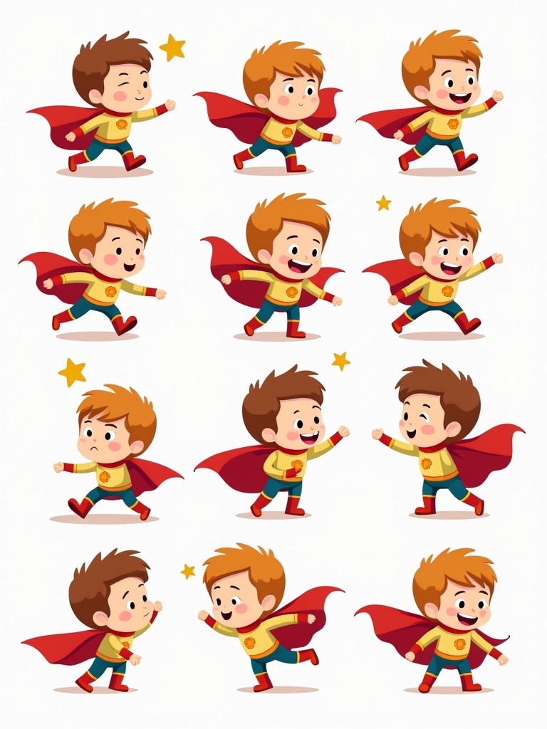 Cartoon design of a cute superhero character. Character shown in multiple dynamic poses. Visuals aimed at engaging kindergarten children. Bright colors used throughout the character design.