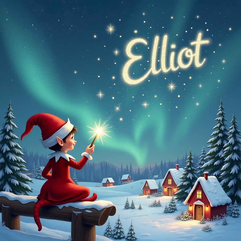 An elf sits on a wooden ledge with its back to the camera, gazing at a magical sky. Dressed in a red outfit with a pointed hat, the elf holds a sparkling wand. With the wand, the elf writes the name 'Elliot' in the starry sky. The scene is painted with a snowy landscape, charming little houses, and evergreen trees under shimmering Northern Lights. This whimsical depiction captures the essence of childhood magic and Christmas cheer. The elf elegantly adds the names 'Natasha' and 'Melissa' in the same starry sky, enriching the magical atmosphere.