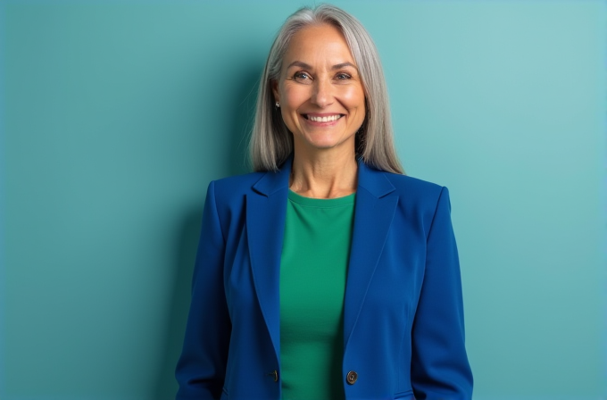 A smiling woman in a blue blazer stands against a teal background.